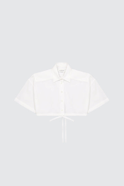 Laneus camicia cropped white con bottoni logati e coulisse regolabile