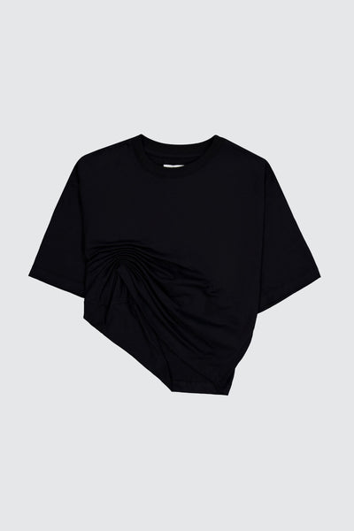 Laneus t-shirt black classic cropped con drappeggio sul davanti