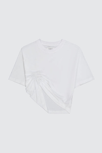 Laneus t-shirt white classic cropped con drappeggio sul davanti